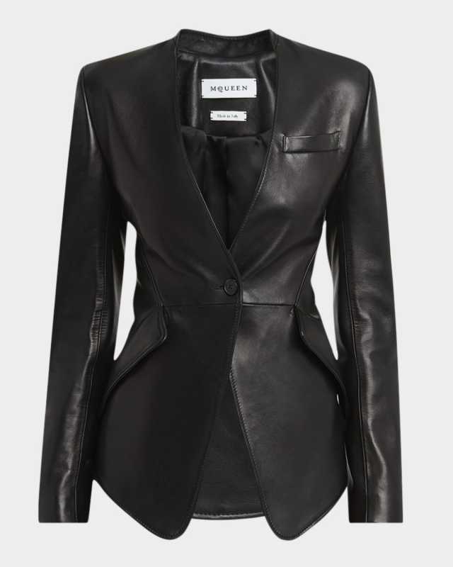 Single-Breasted Leather Blazer Jacket
